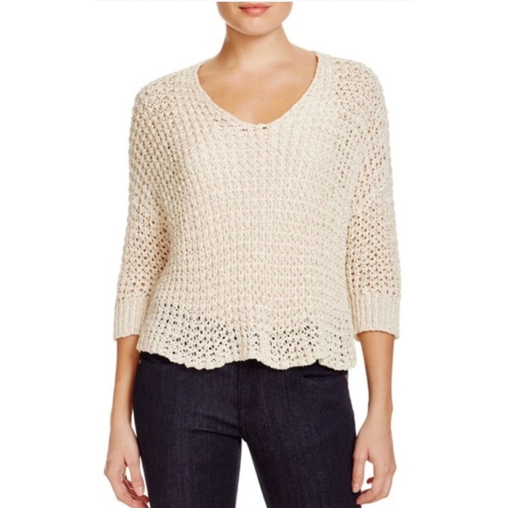 Eileen‎ Fisher Cream Open Knit V-Neck Sweater XL 3/4 Sleeve High-Low Pullover